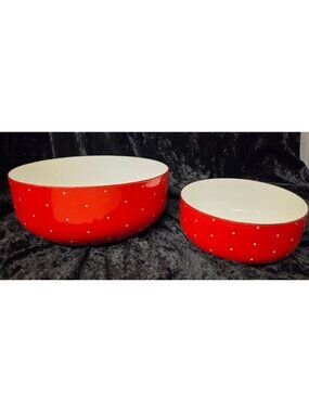 2 Vintage Red & White Triangle Dot Enamel Bowls Kitchen Decor MCM Servingware